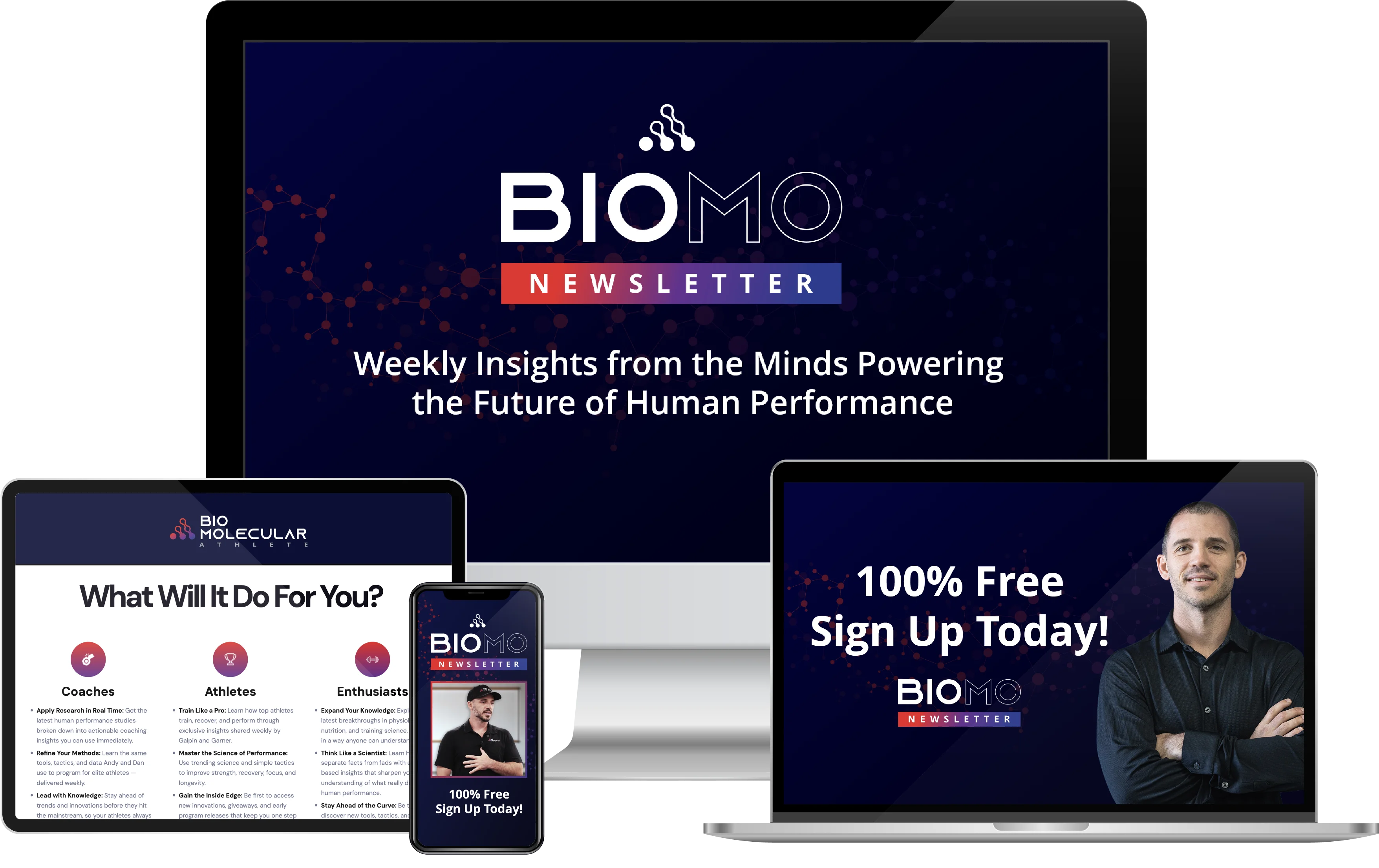 BioMo Newsletter on laptop, tablet, and phone