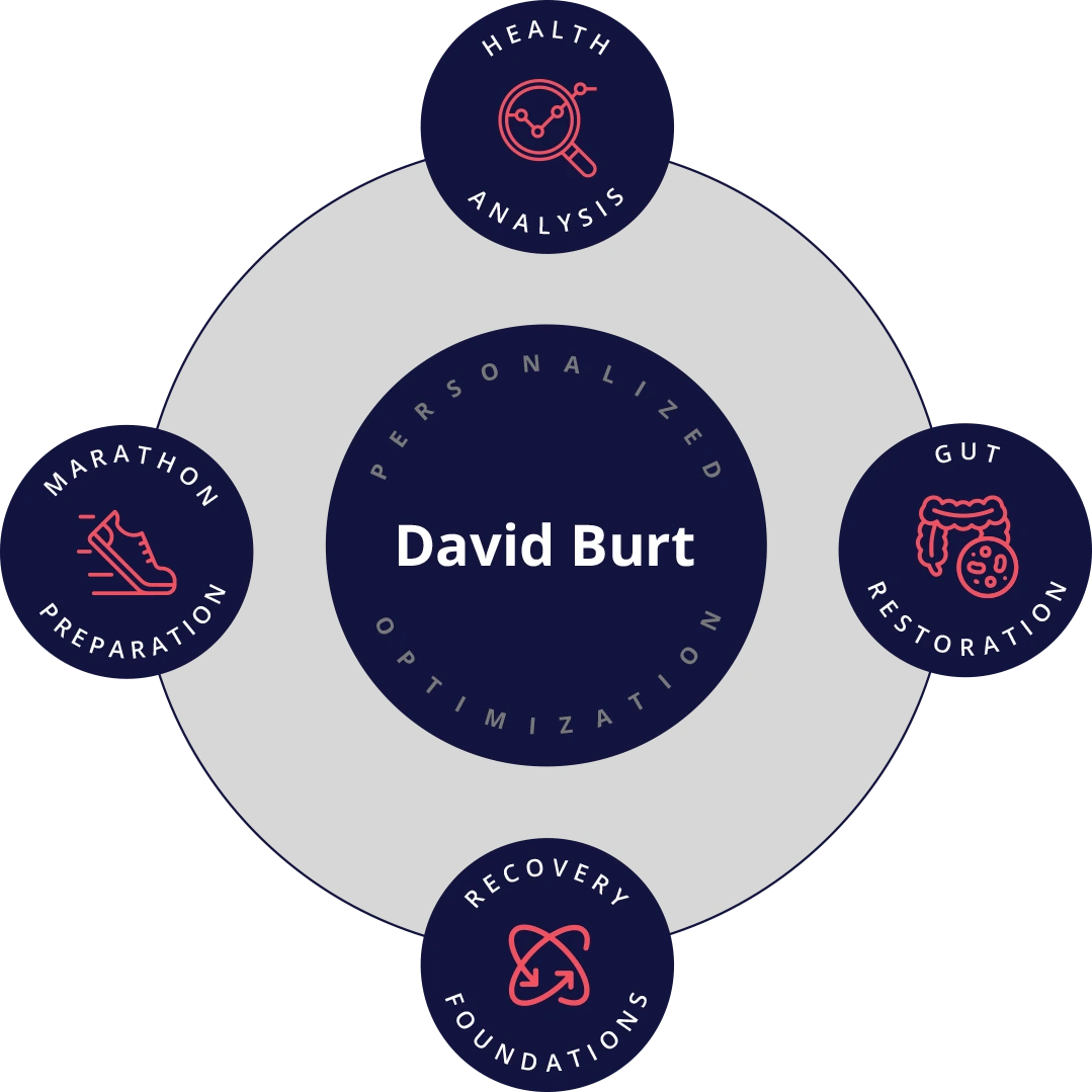 David Burt's personalized optimization plan, built from 4 areas: health analysis, gut restoration, recovery foundations, marathon preparation.