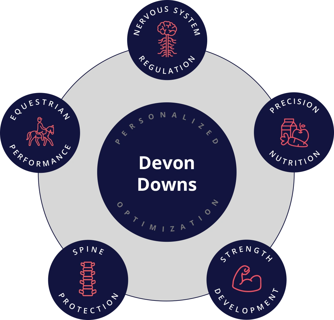 Devon Downs's personalized optimization plan, built from 5 areas: nervous system regulation, precision nutrition, strength development, spine protection, equestrian performance.